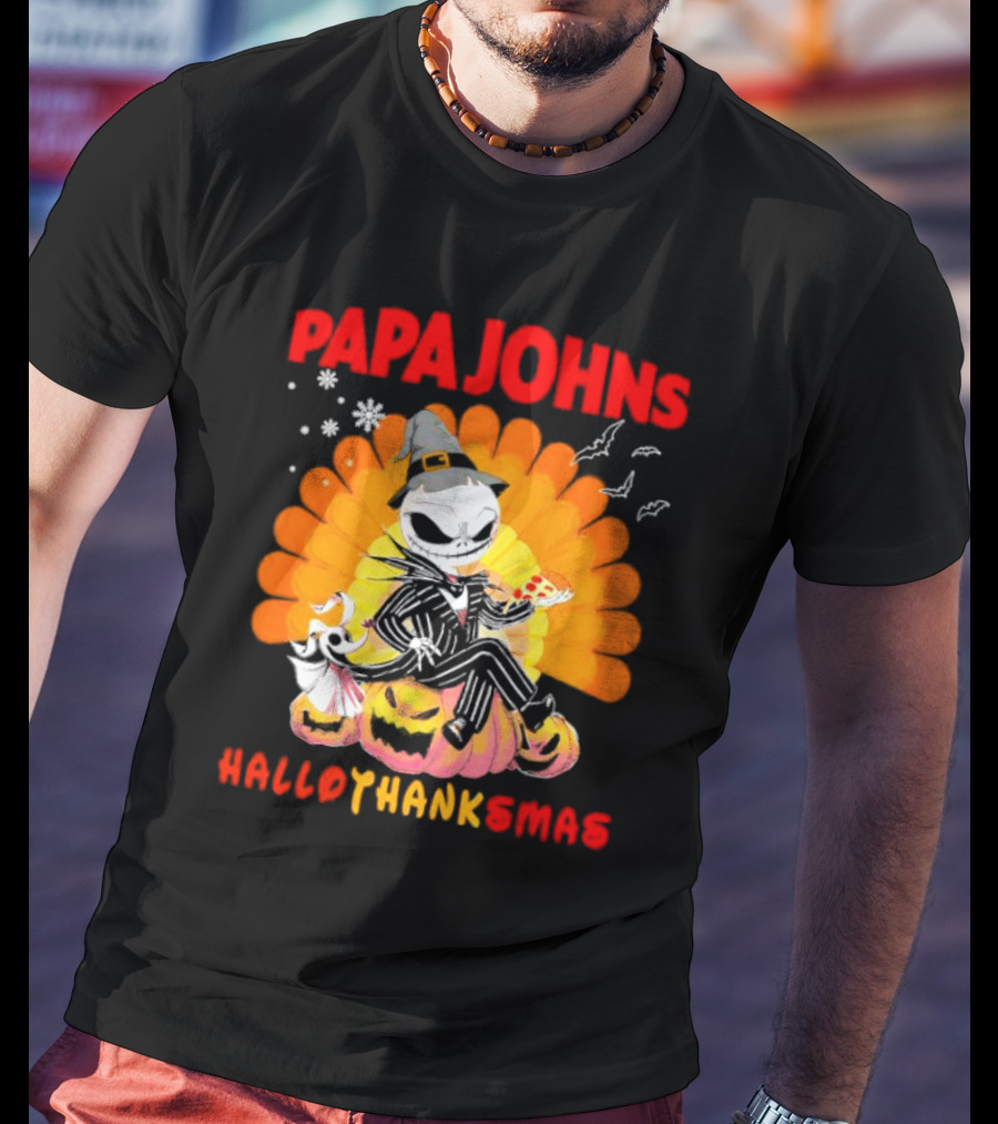 Papa Johns Jack Skellington Halloween HalloThanksMas Turkey Pizza T-Shirt