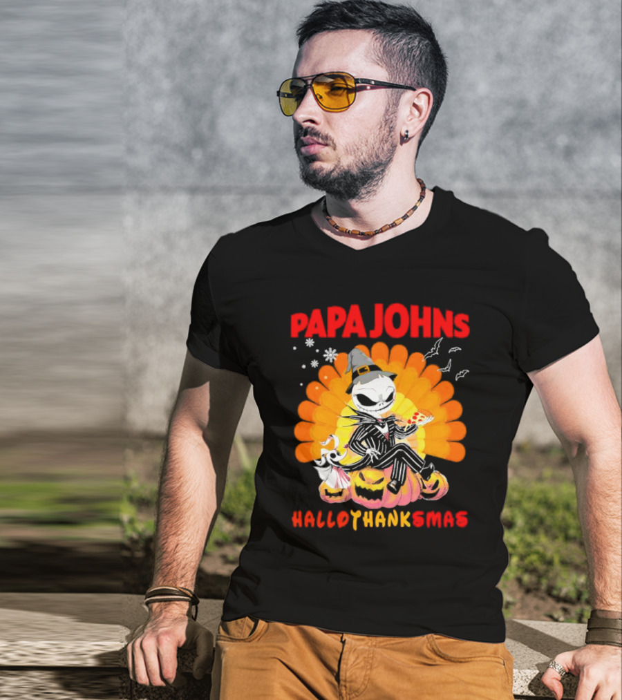 Papa Johns Jack Skellington Halloween HalloThanksMas Turkey Pizza T-Shirt