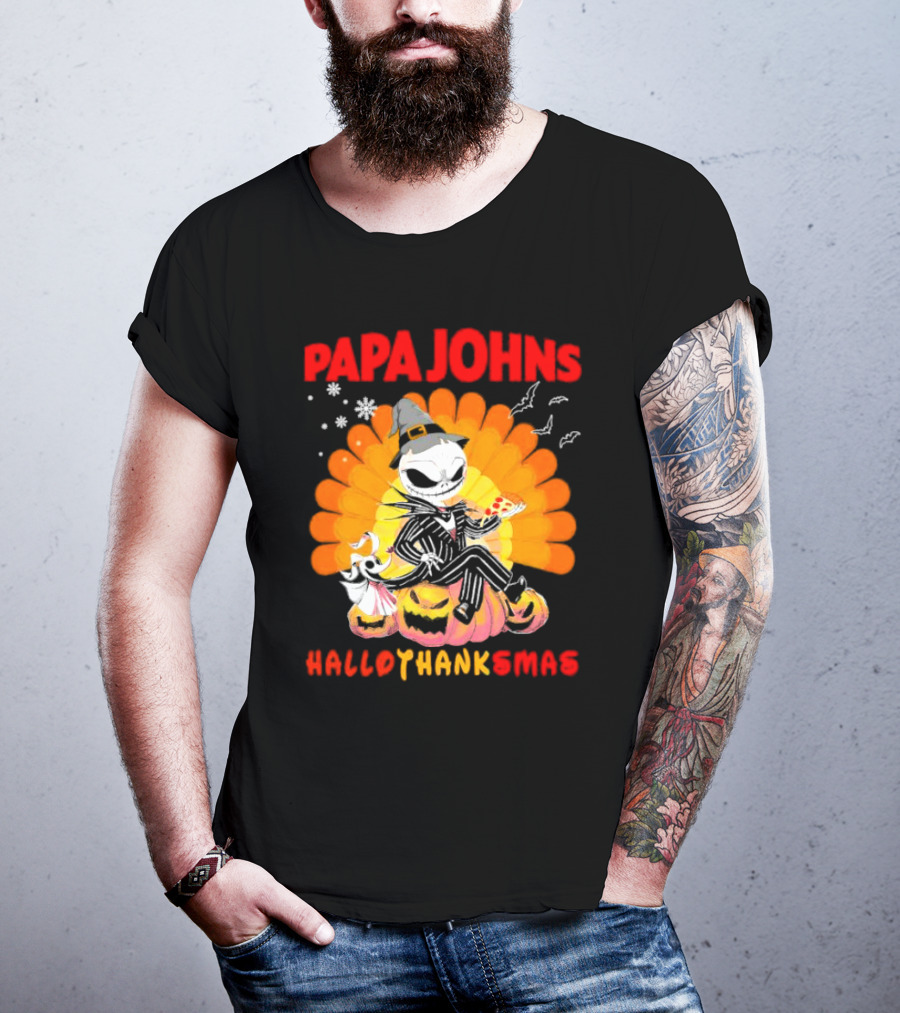 Papa Johns Jack Skellington Halloween HalloThanksMas Turkey Pizza T-Shirt
