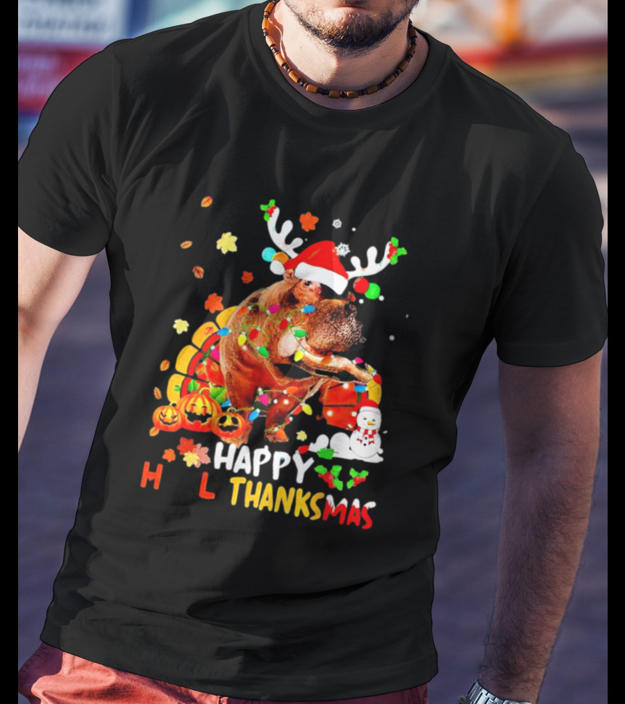 Happy Hallothanksmas Santa Hippopotamus Pumpkin Snowman T-Shirt