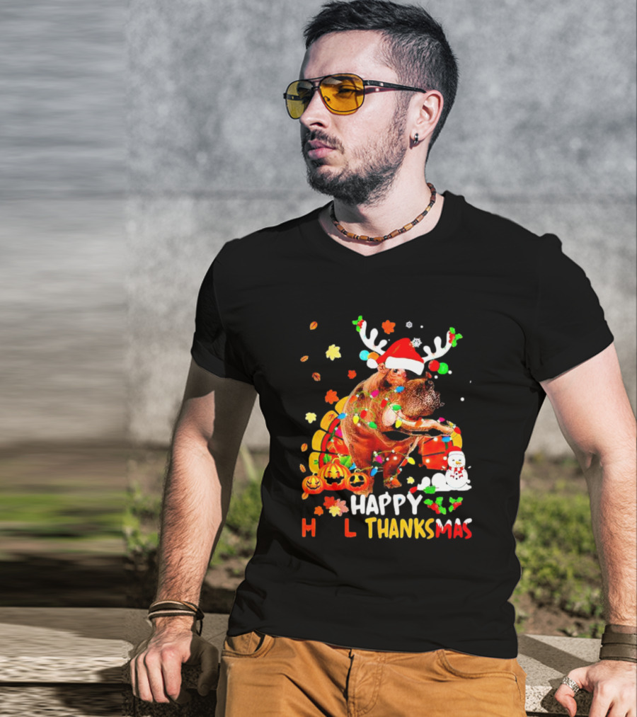 Happy Hallothanksmas Santa Hippopotamus Pumpkin Snowman T-Shirt