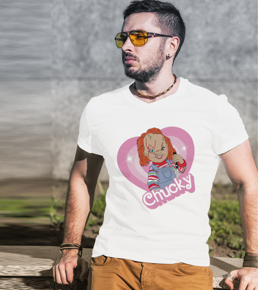 Chucky Horror Doll In Pink Heart T-Shirt