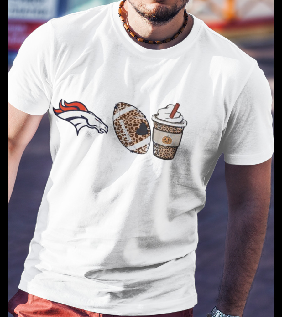 Denver Broncos Fall Season Leopard Theme With Football And Pumpkin Spice Latte T-Shirt