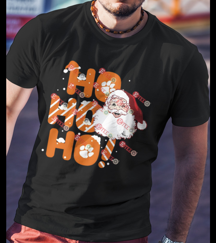 Clemson Tigers Santa Claus Ho Ho Ho Christmas Paw Print Snowflakes T-Shirt