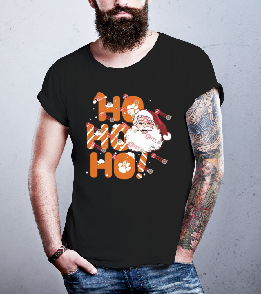 Clemson Tigers Santa Claus Ho Ho Ho Christmas Paw Print Snowflakes T-Shirt