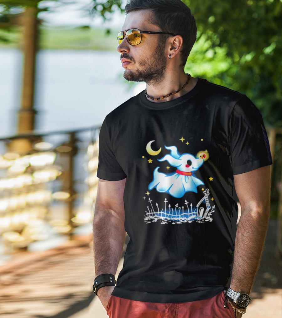 Flying Ghost Dog With Moon And Stars Halloween Scene T-Shirt