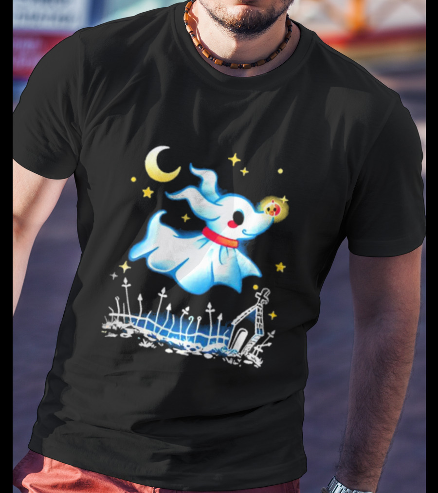 Flying Ghost Dog With Moon And Stars Halloween Scene T-Shirt