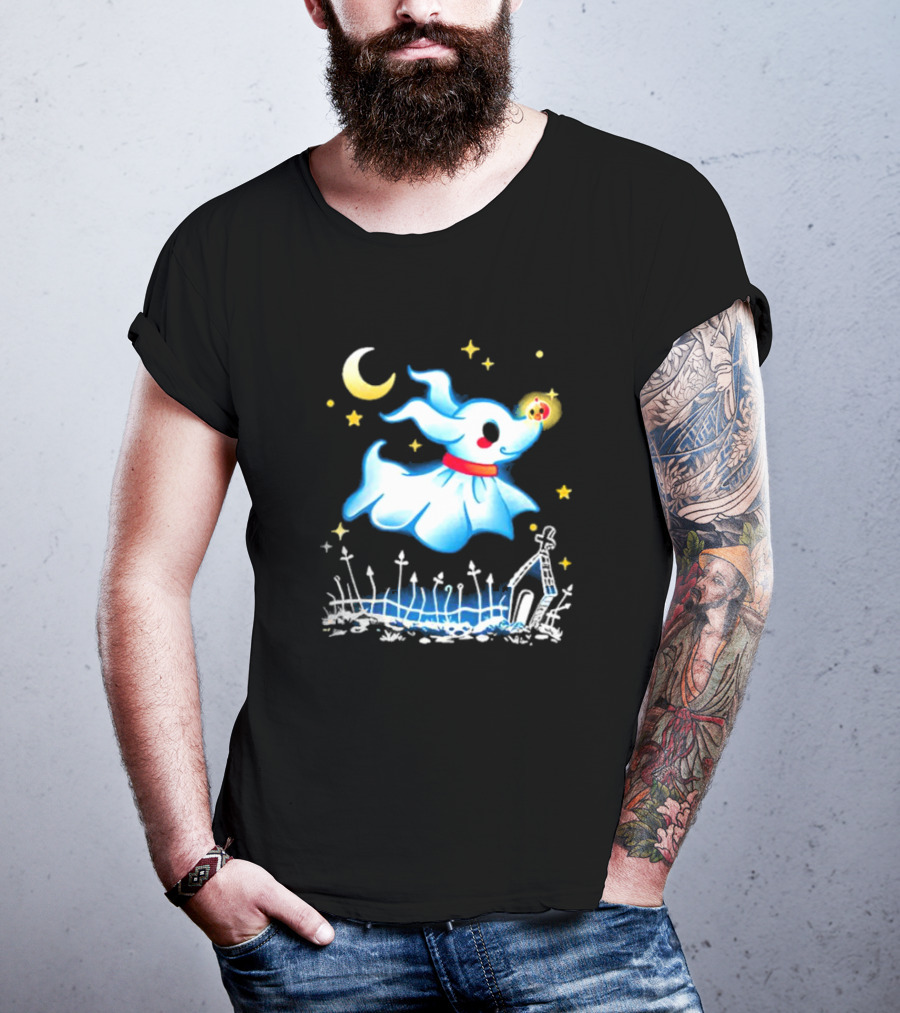 Flying Ghost Dog With Moon And Stars Halloween Scene T-Shirt