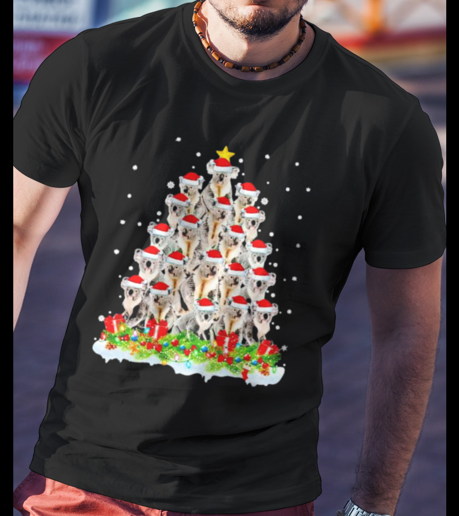 Koala Christmas Tree With Santa Hats Snowflakes And Gifts T-Shirt