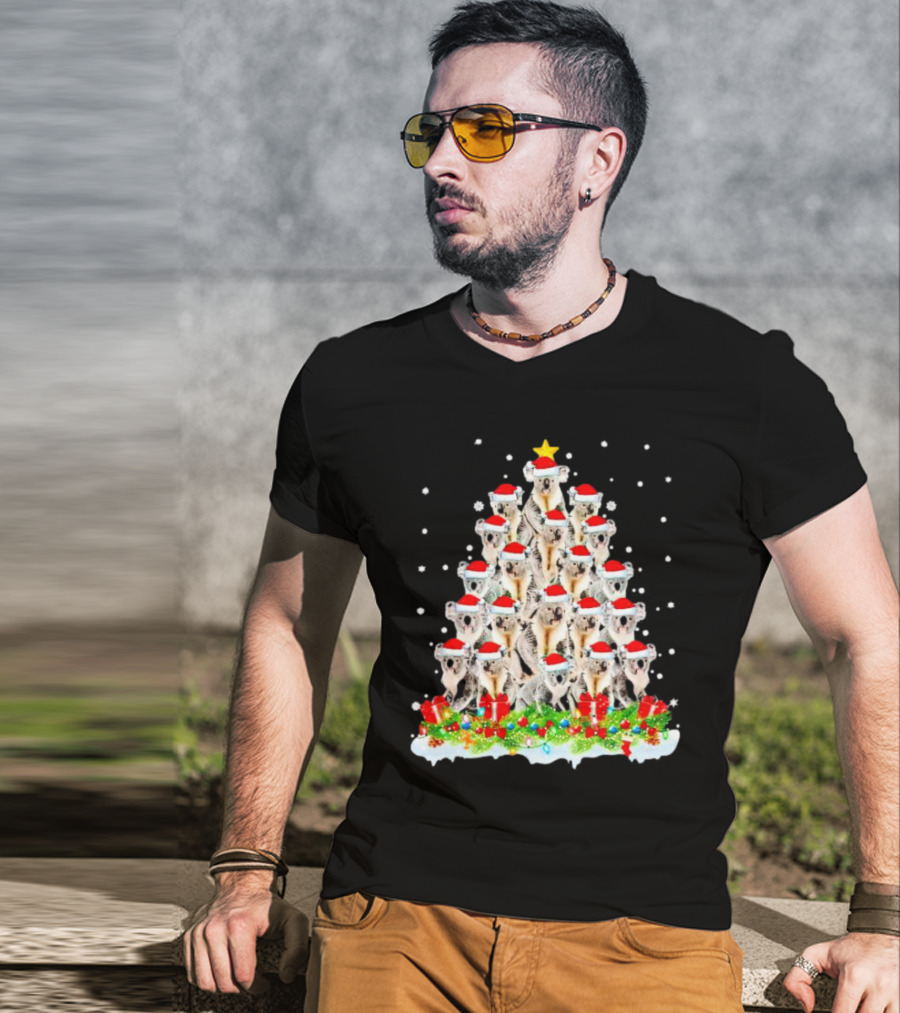 Koala Christmas Tree With Santa Hats Snowflakes And Gifts T-Shirt