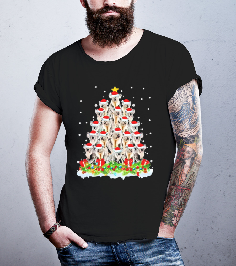 Koala Christmas Tree With Santa Hats Snowflakes And Gifts T-Shirt