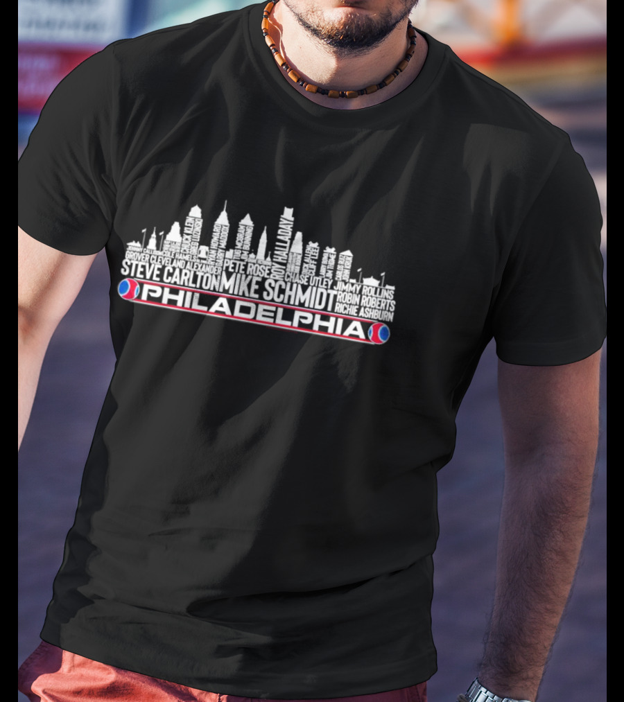 Philadelphia Skyline With Mike Schmidt And Roy Halladay Player Names T-Shirt