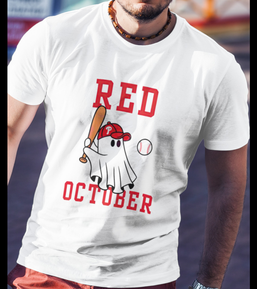Phillies Red October Ghost Baseball Player In Cap And Bat T-Shirt
