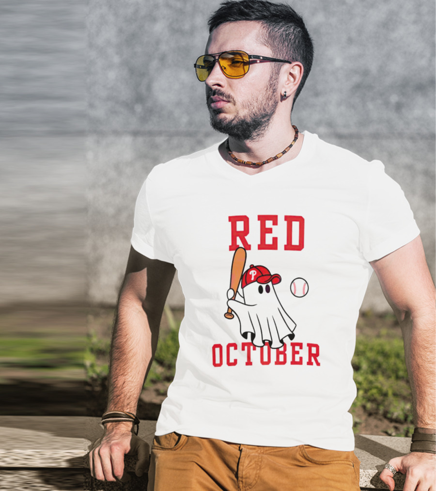 Phillies Red October Ghost Baseball Player In Cap And Bat T-Shirt