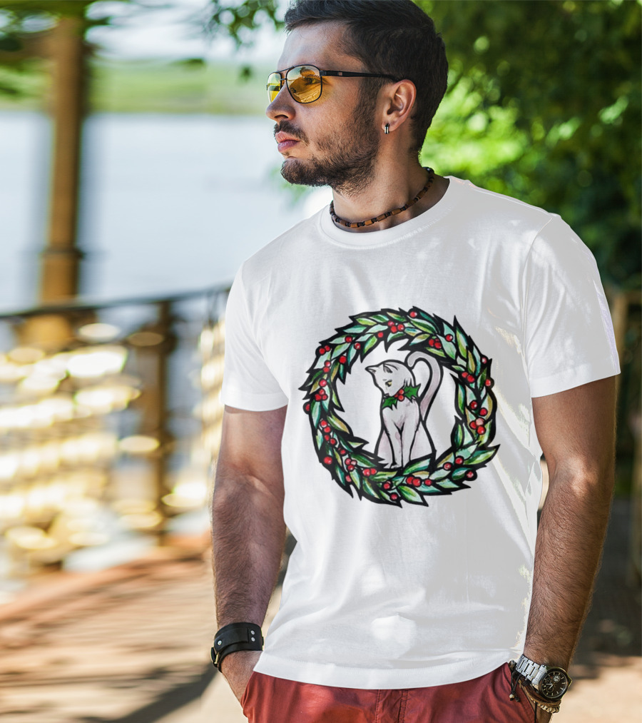 White Cat In Christmas Wreath With Holly And Berries T-Shirt