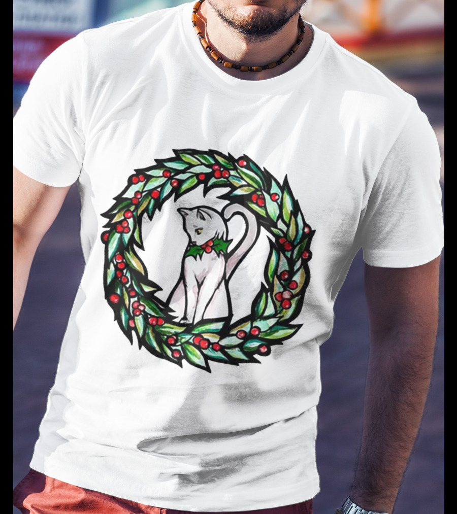 White Cat In Christmas Wreath With Holly And Berries T-Shirt