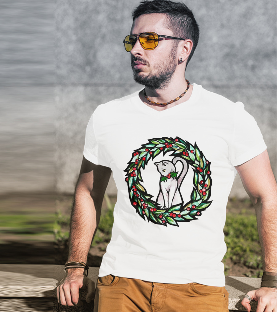 White Cat In Christmas Wreath With Holly And Berries T-Shirt