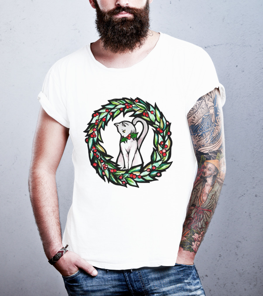 White Cat In Christmas Wreath With Holly And Berries T-Shirt