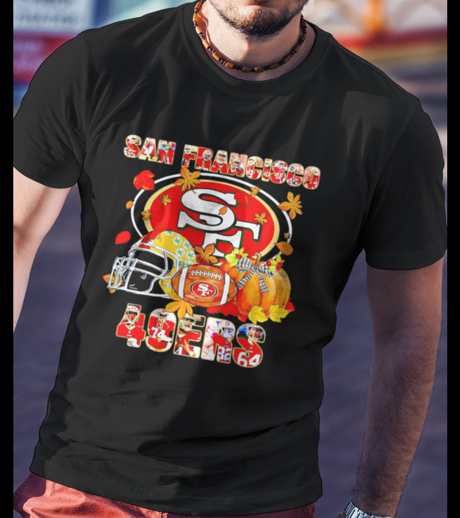 San Francisco 49ers Autumn Football With Helmets And Pumpkins T-Shirt