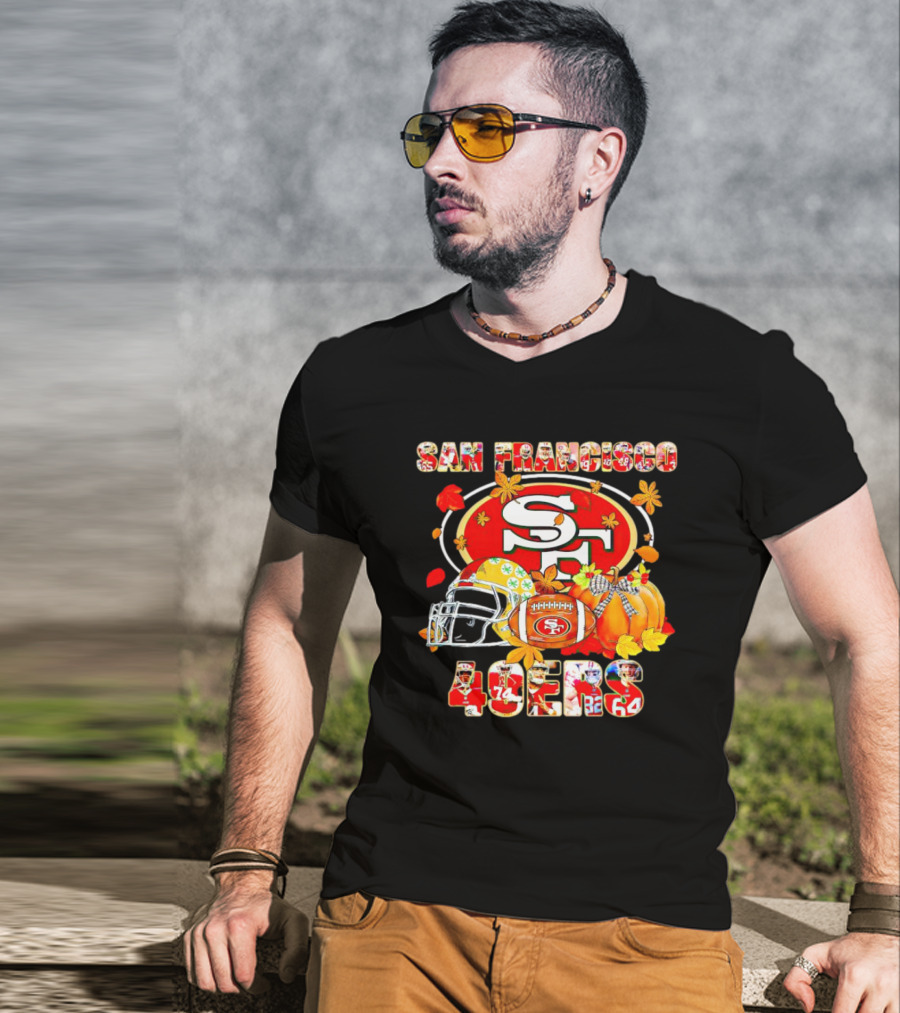 San Francisco 49ers Autumn Football With Helmets And Pumpkins T-Shirt