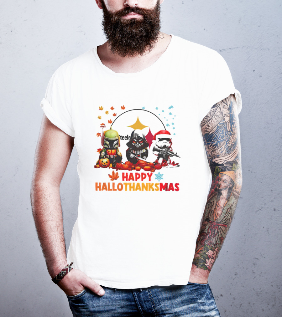 Star Wars Chibi Steelers Happy Hallothanksmas Pumpkins Leaves Snowflakes T-Shirt