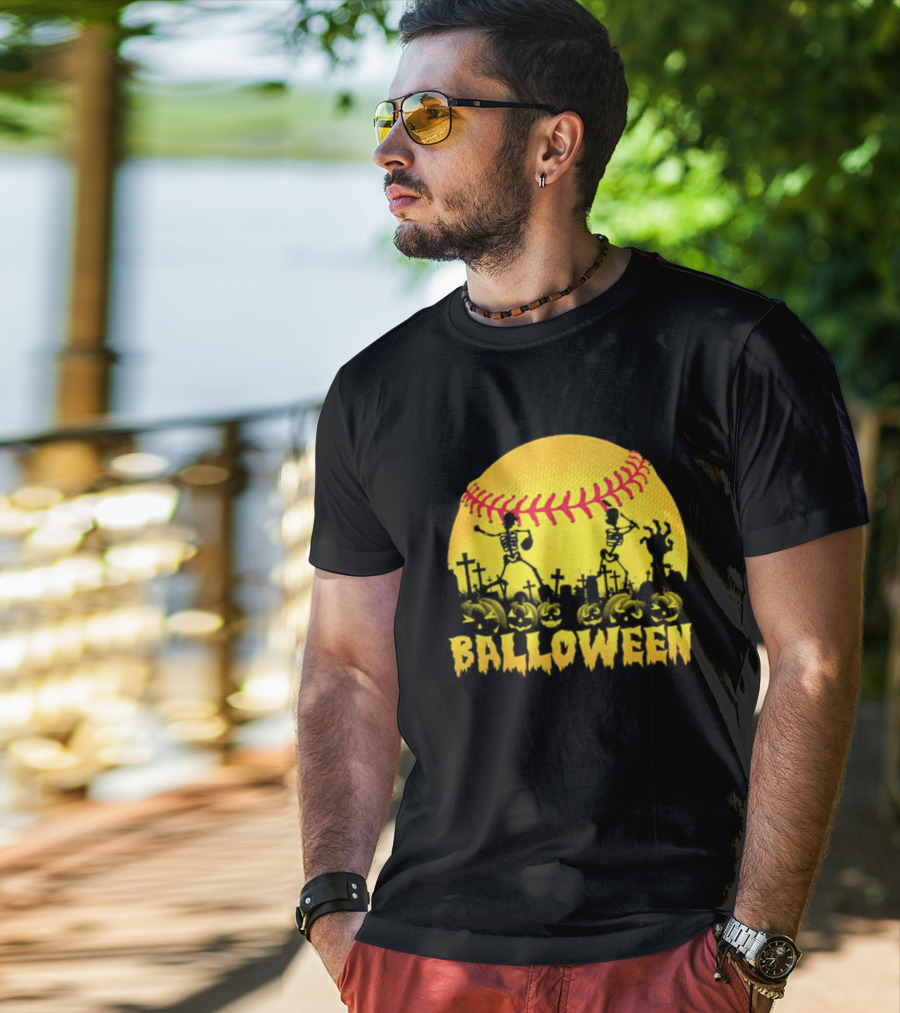 Balloween Softball Halloween Pumpkin Skeletons Graveyard T-Shirt