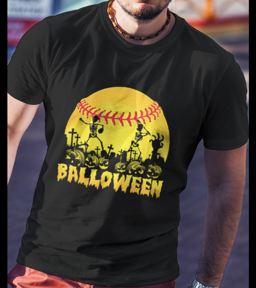 Balloween Softball Halloween Pumpkin Skeletons Graveyard T-Shirt
