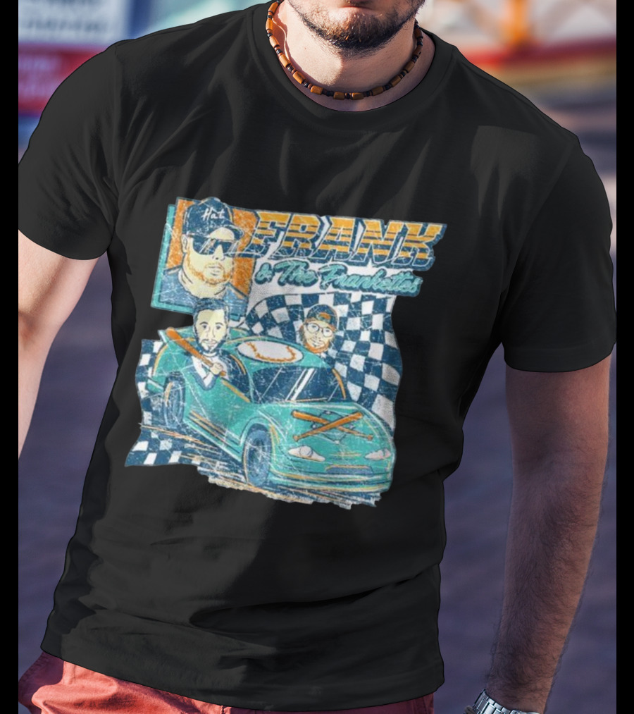 Frank And The Frankettes Racing Car Adventure With Checkered Flags And Cartoon Characters T-Shirt