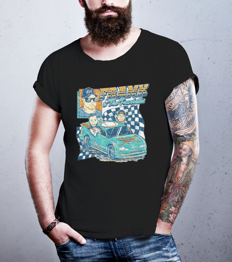 Frank And The Frankettes Racing Car Adventure With Checkered Flags And Cartoon Characters T-Shirt
