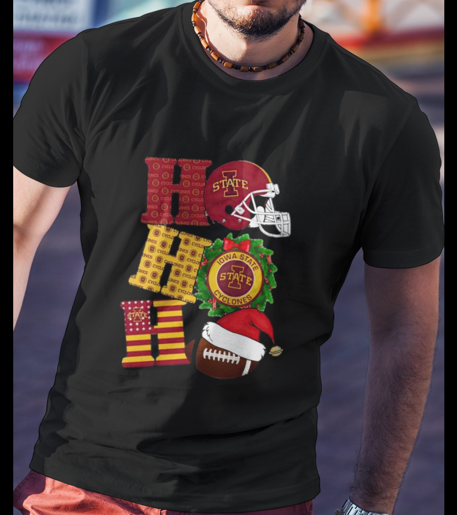 Iowa State Cyclones Christmas Football Helmet And Wreath Ho Ho Ho T-Shirt
