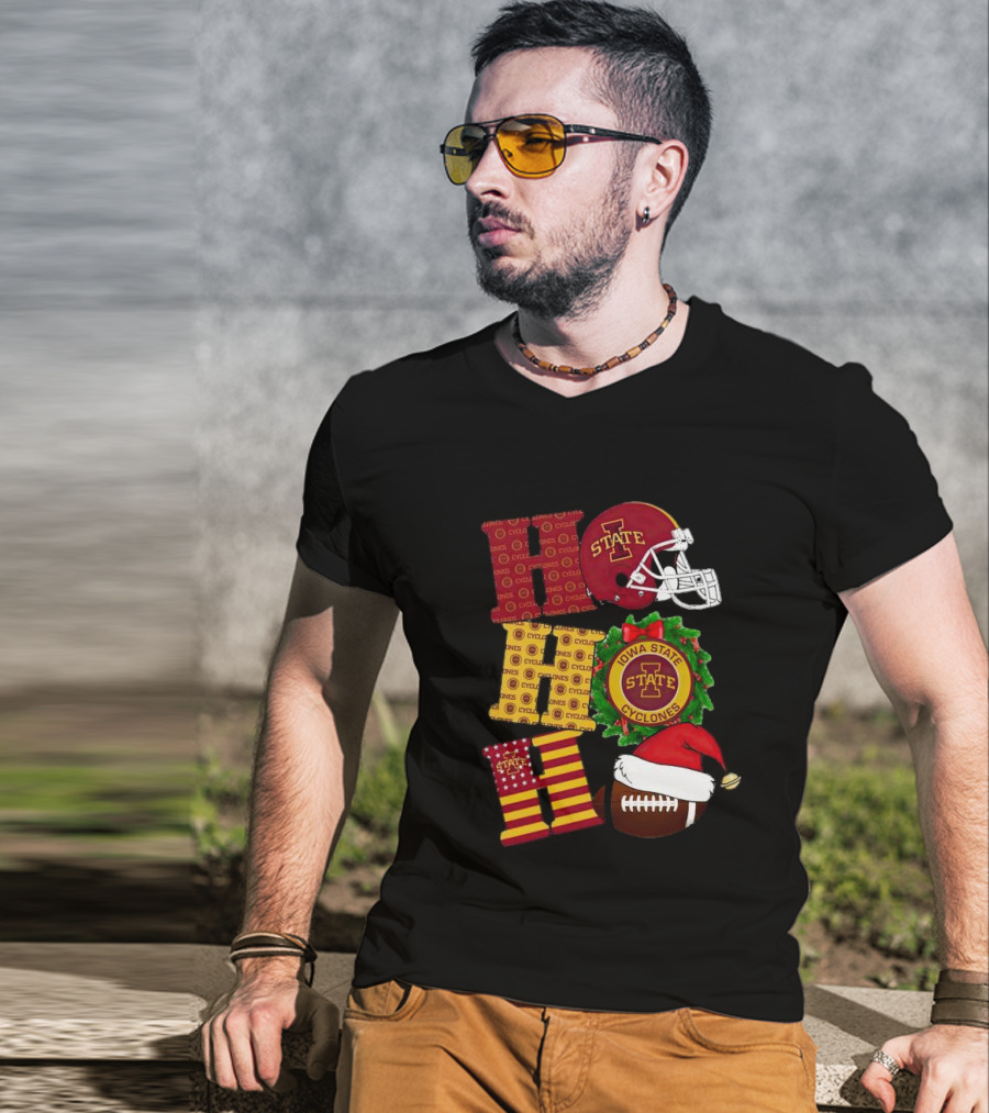 Iowa State Cyclones Christmas Football Helmet And Wreath Ho Ho Ho T-Shirt