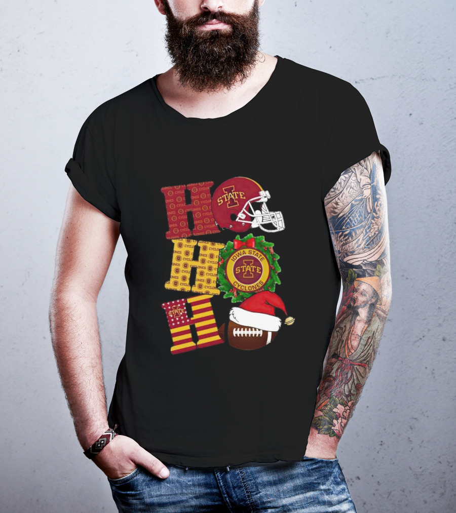 Iowa State Cyclones Christmas Football Helmet And Wreath Ho Ho Ho T-Shirt