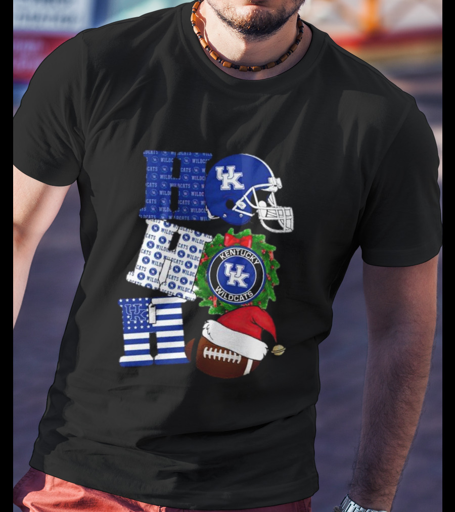 Kentucky Wildcats Ho Ho Ho Football Helmet Wreath Christmas T-Shirt
