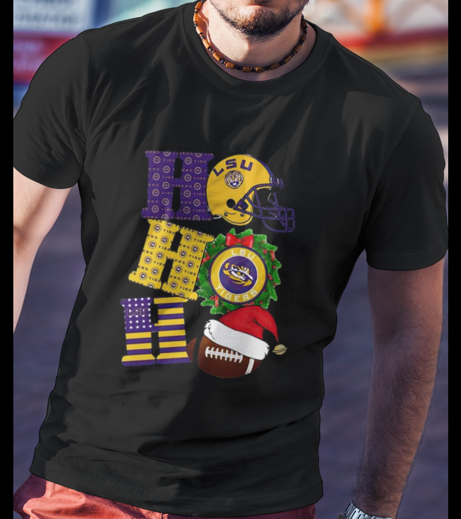 LSU Tigers Christmas Helmet Wreath Football Ho Ho Ho T-Shirt