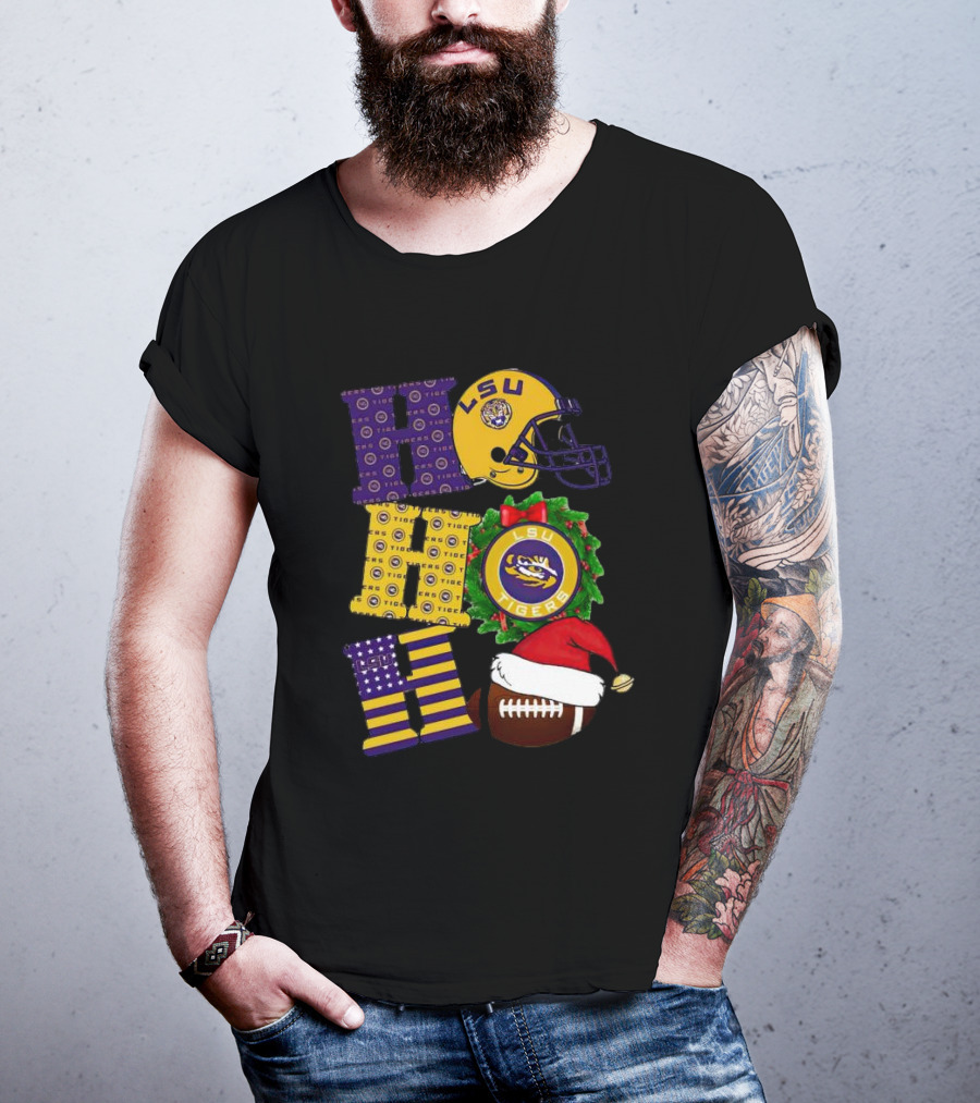 LSU Tigers Christmas Helmet Wreath Football Ho Ho Ho T-Shirt