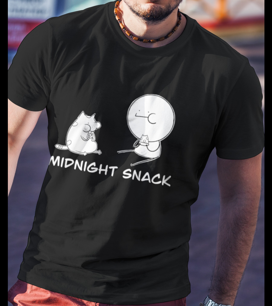 MIDNIGHT SNACK Cat And Stick Figure Eating Pizza T-Shirt