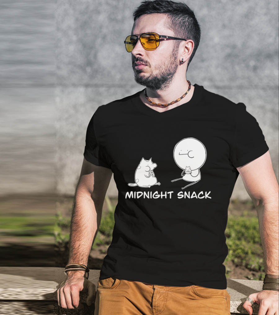 MIDNIGHT SNACK Cat And Stick Figure Eating Pizza T-Shirt
