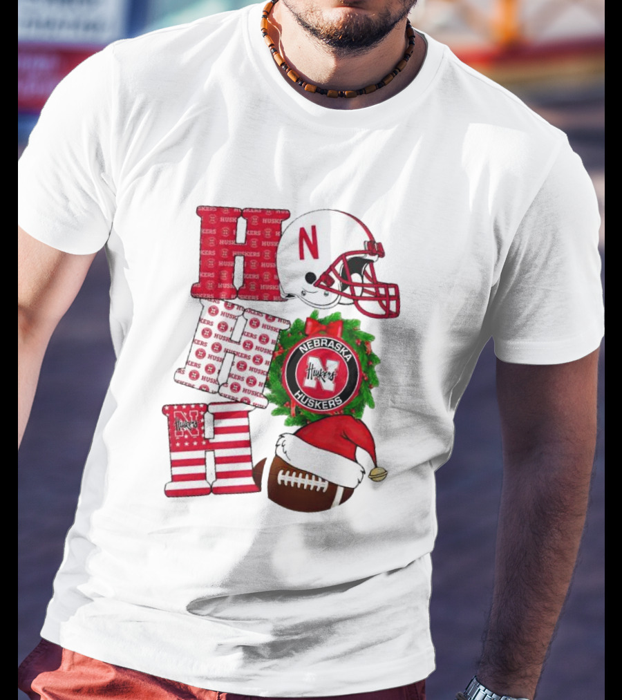 Nebraska Cornhuskers Ho Ho Ho Christmas Football Helmet Wreath Santa Hat Football T-Shirt