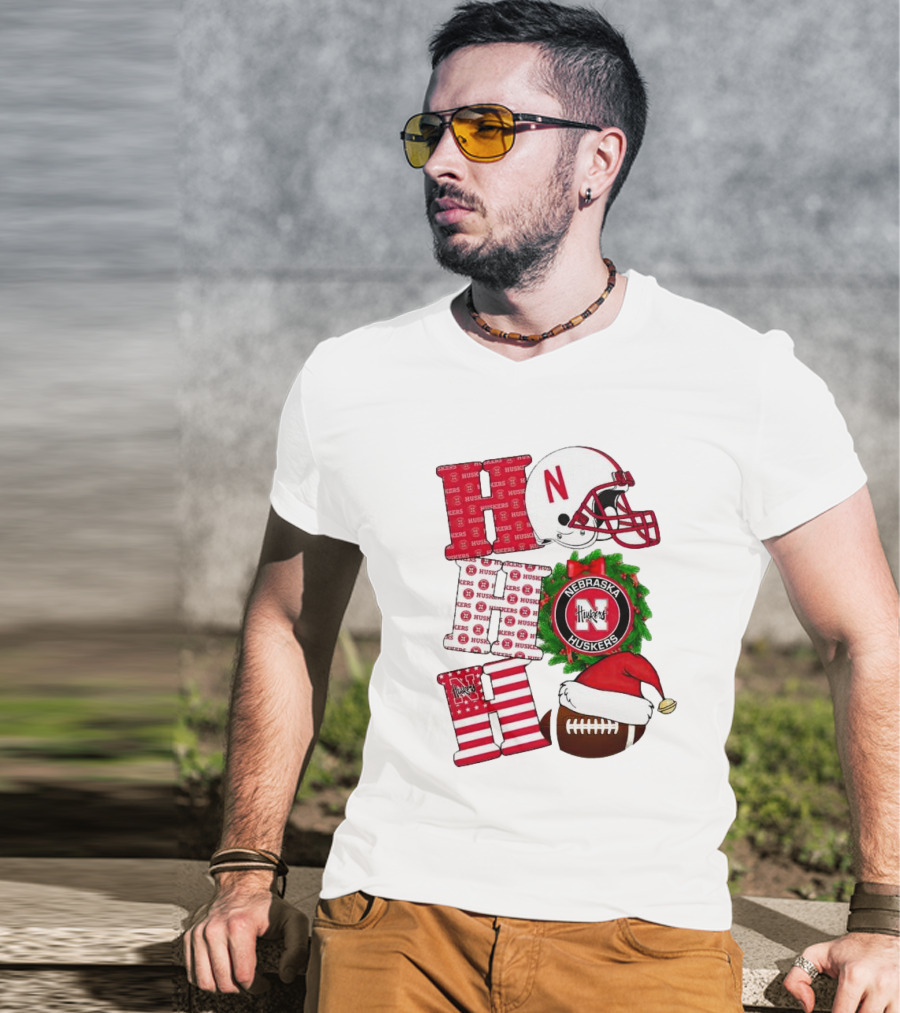 Nebraska Cornhuskers Ho Ho Ho Christmas Football Helmet Wreath Santa Hat Football T-Shirt