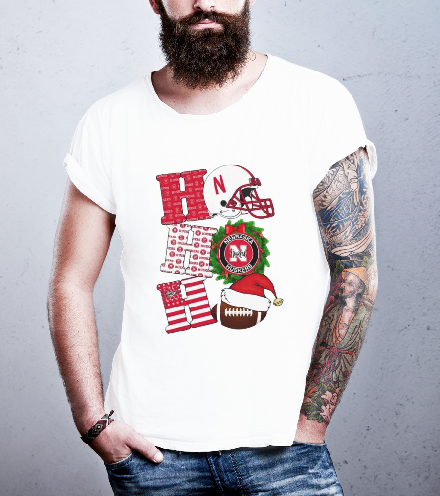 Nebraska Cornhuskers Ho Ho Ho Christmas Football Helmet Wreath Santa Hat Football T-Shirt