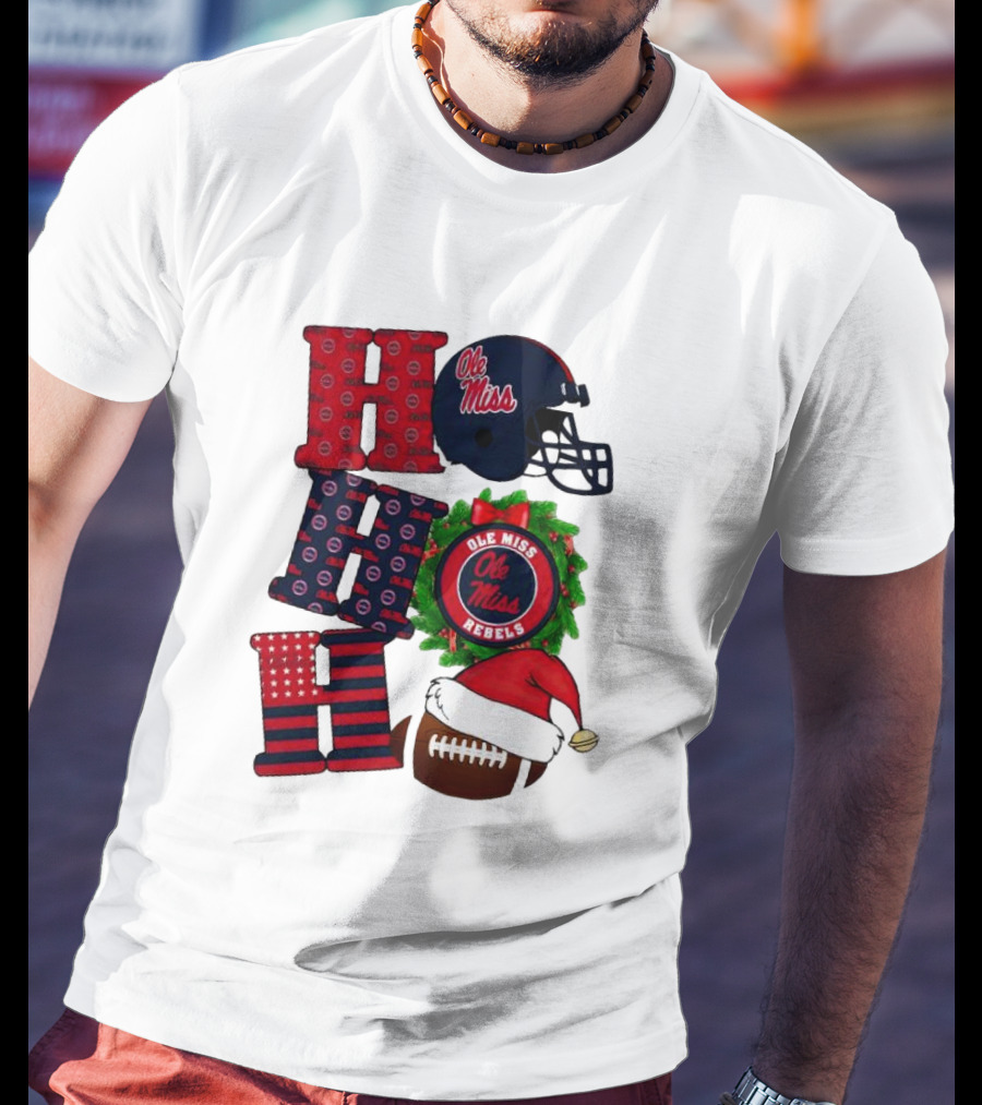 Ole Miss Rebels Christmas Football Helmet Wreath Ho Ho Ho T-Shirt