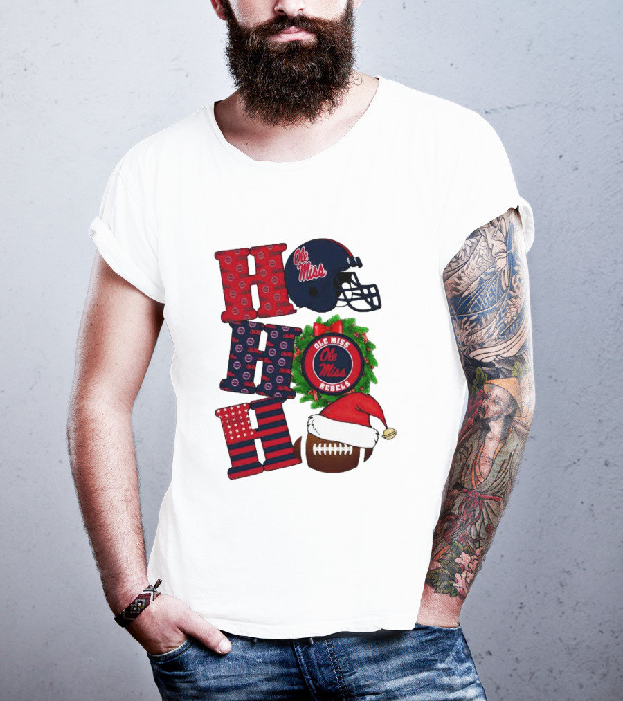 Ole Miss Rebels Christmas Football Helmet Wreath Ho Ho Ho T-Shirt