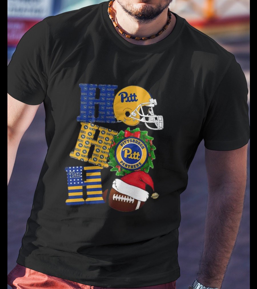 Pitt Panthers Christmas Helmet Wreath Football Ho Ho Ho T-Shirt