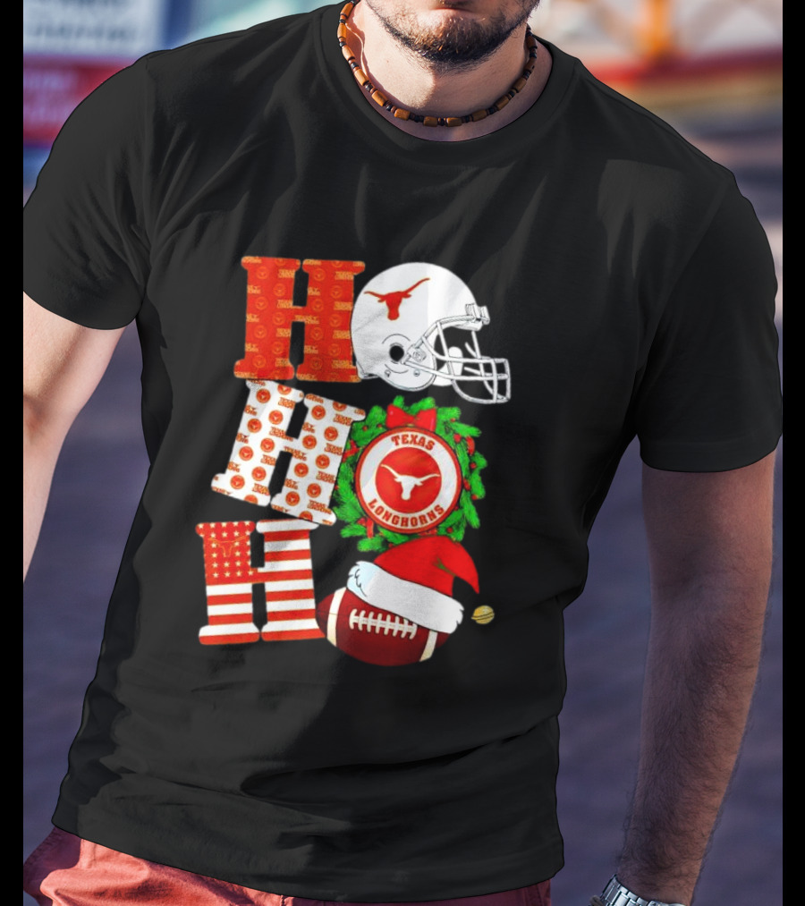 Texas Longhorns Ho Ho Ho Christmas Football Helmet Wreath Santa Hat T-Shirt
