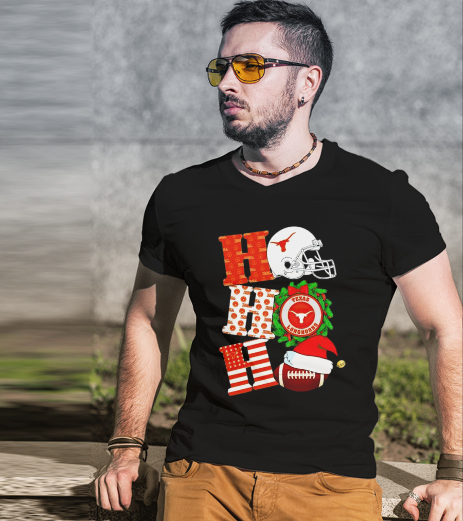 Texas Longhorns Ho Ho Ho Christmas Football Helmet Wreath Santa Hat T-Shirt