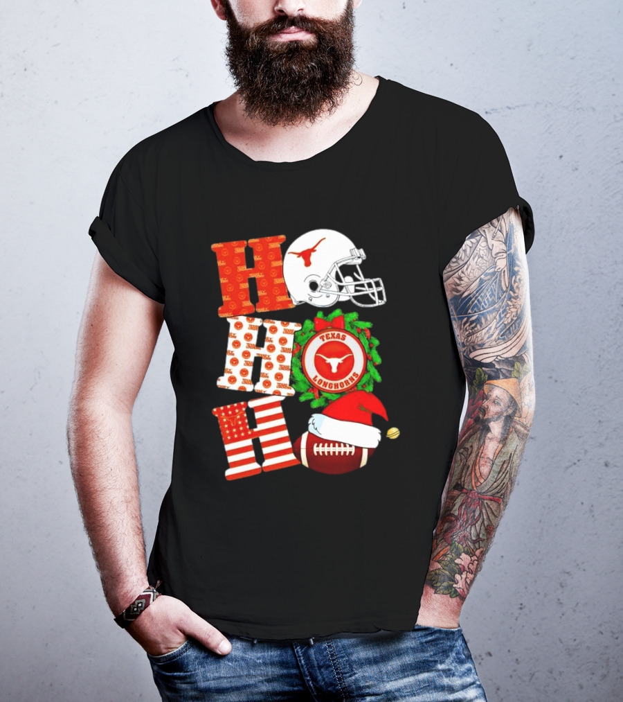Texas Longhorns Ho Ho Ho Christmas Football Helmet Wreath Santa Hat T-Shirt
