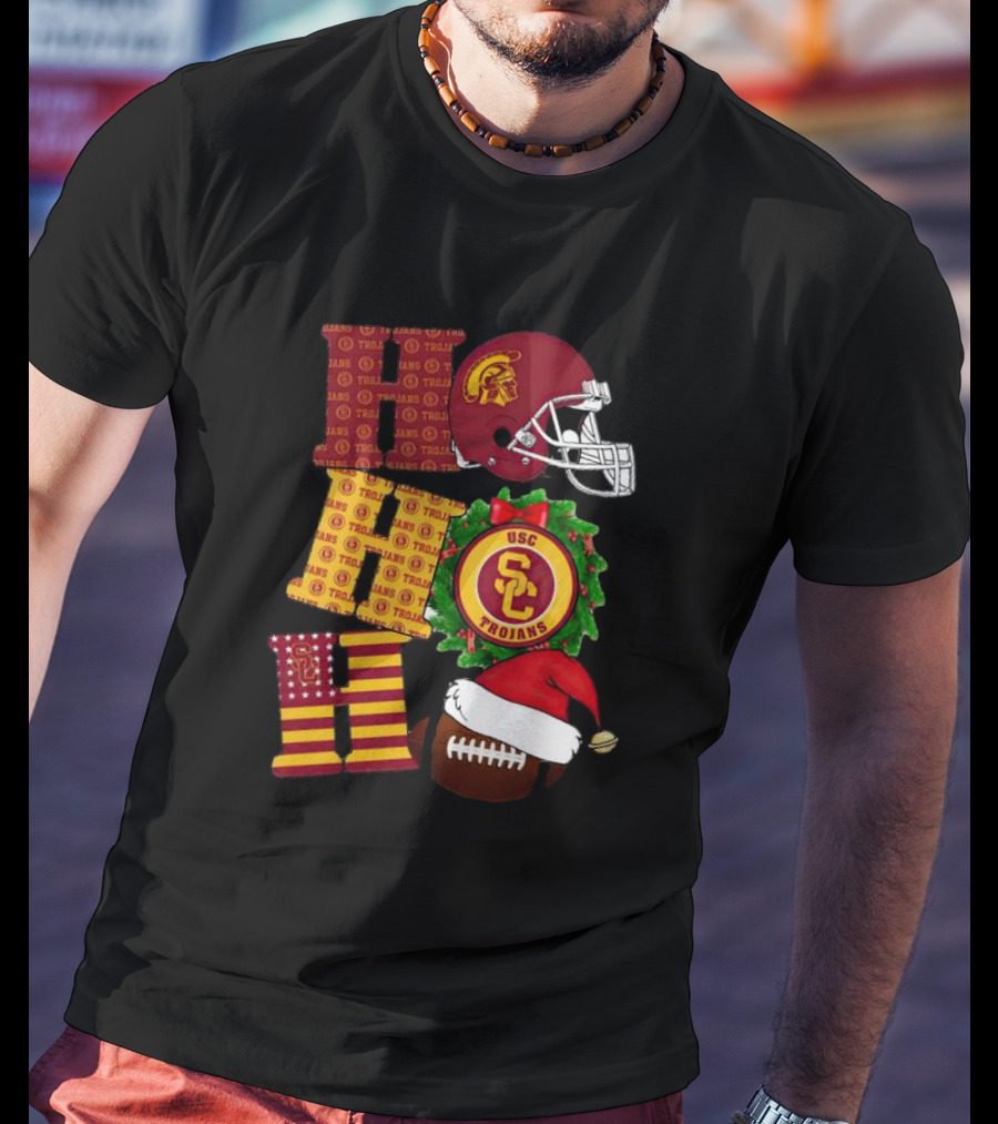USC Trojans Ho Ho Ho Christmas Helmet Wreath Football Santa Hat T-Shirt