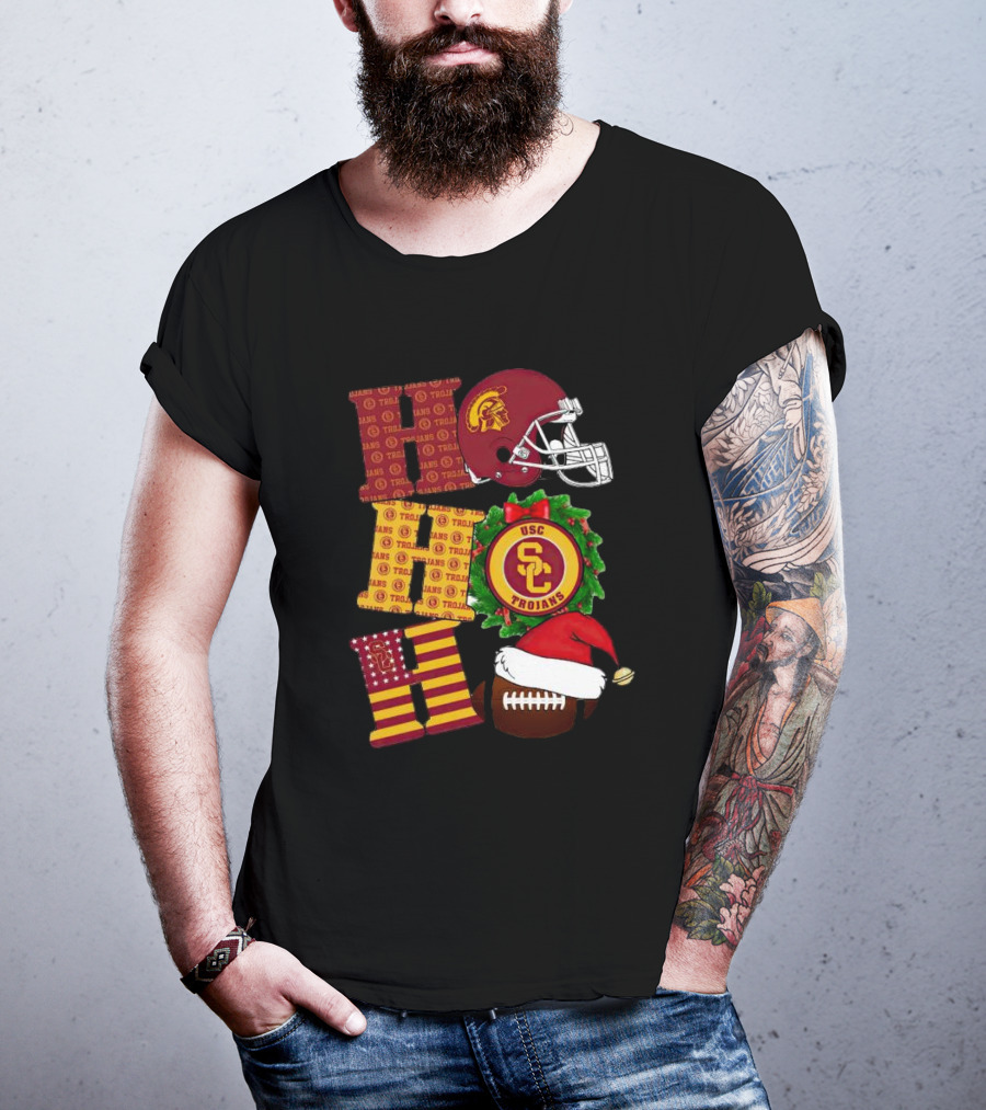 USC Trojans Ho Ho Ho Christmas Helmet Wreath Football Santa Hat T-Shirt