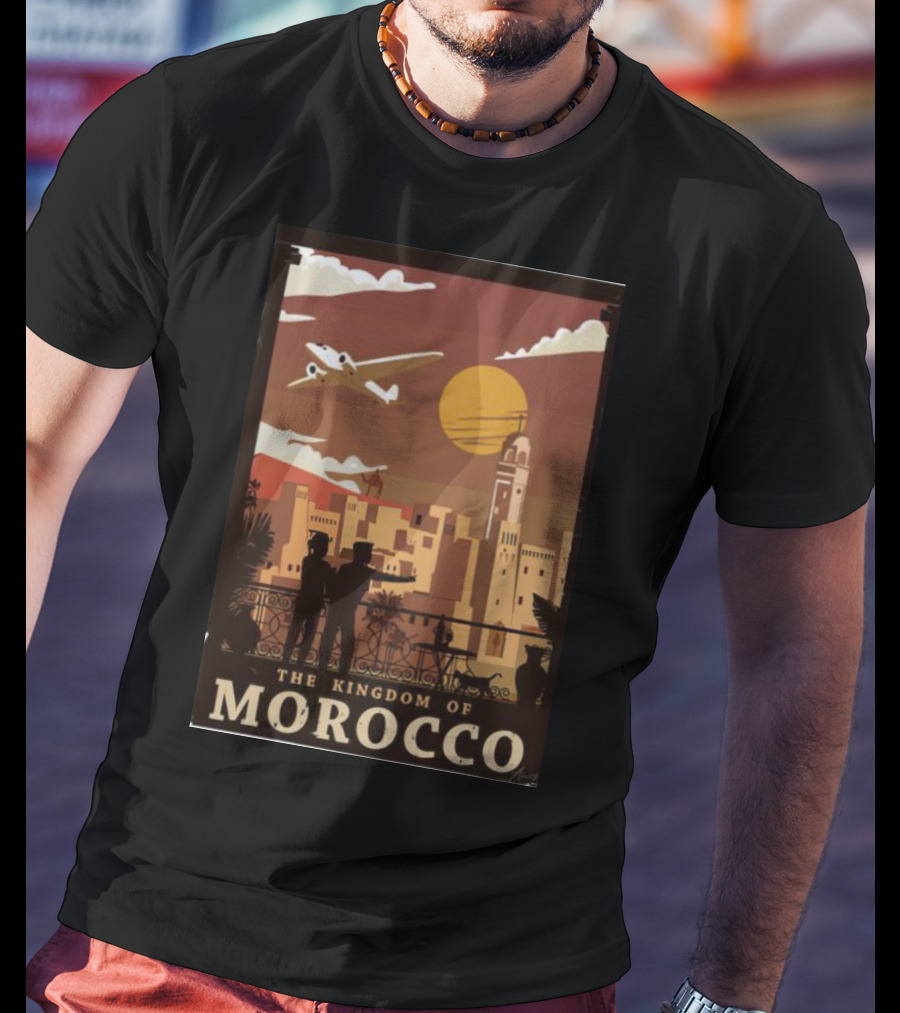 The Kingdom Of Morocco Skyline View With Airplane And Sunset Scene T-Shirt