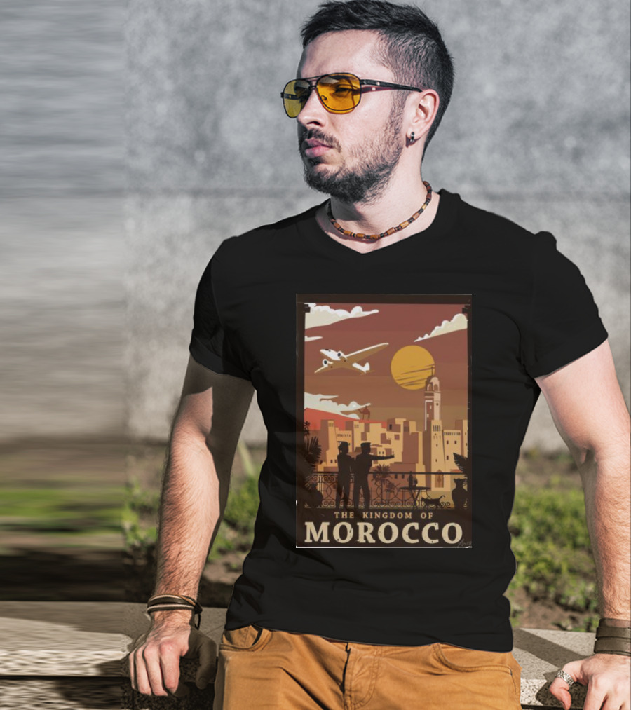 The Kingdom Of Morocco Skyline View With Airplane And Sunset Scene T-Shirt